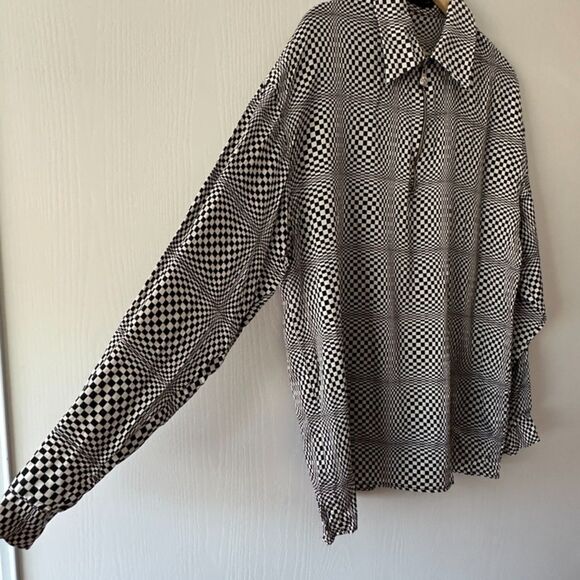 Creme De Silk Vintage‎ Mens Checkered Illusion Half Zip 100% Silk Shirt Large - Picture 3 of 10